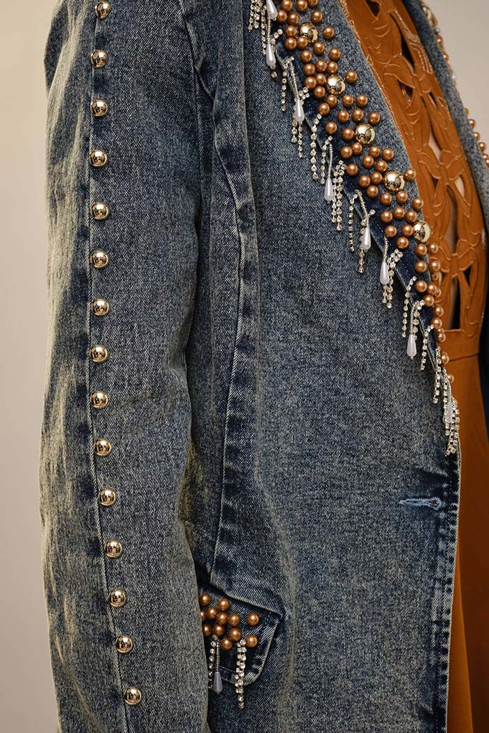 Rhinestone Fringe Studded Denim Blazer