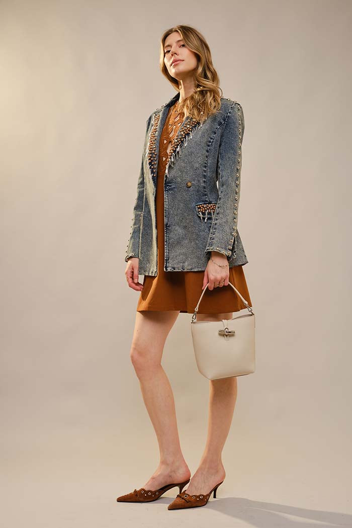 Rhinestone Fringe Studded Denim Blazer