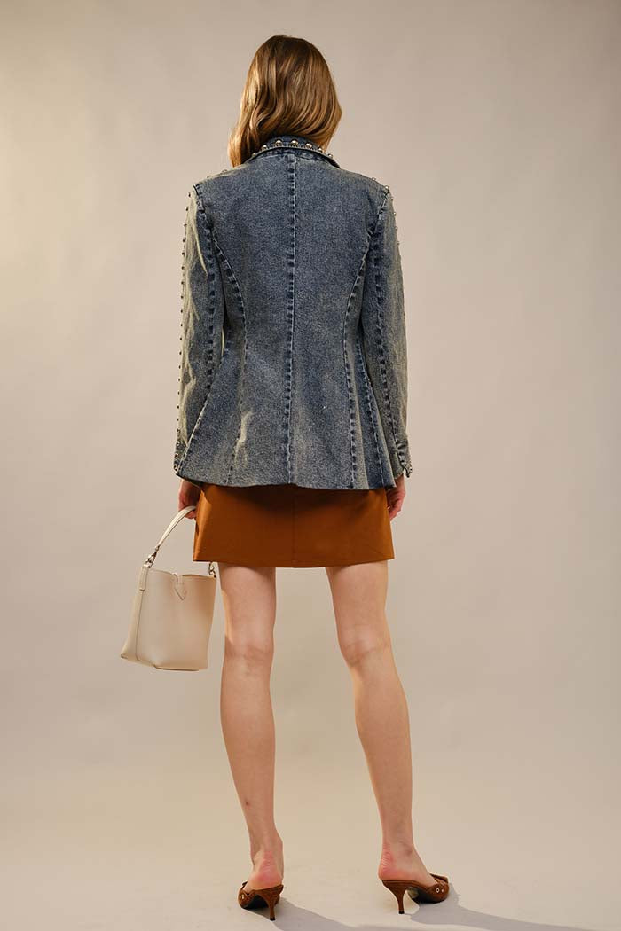 Rhinestone Fringe Studded Denim Blazer