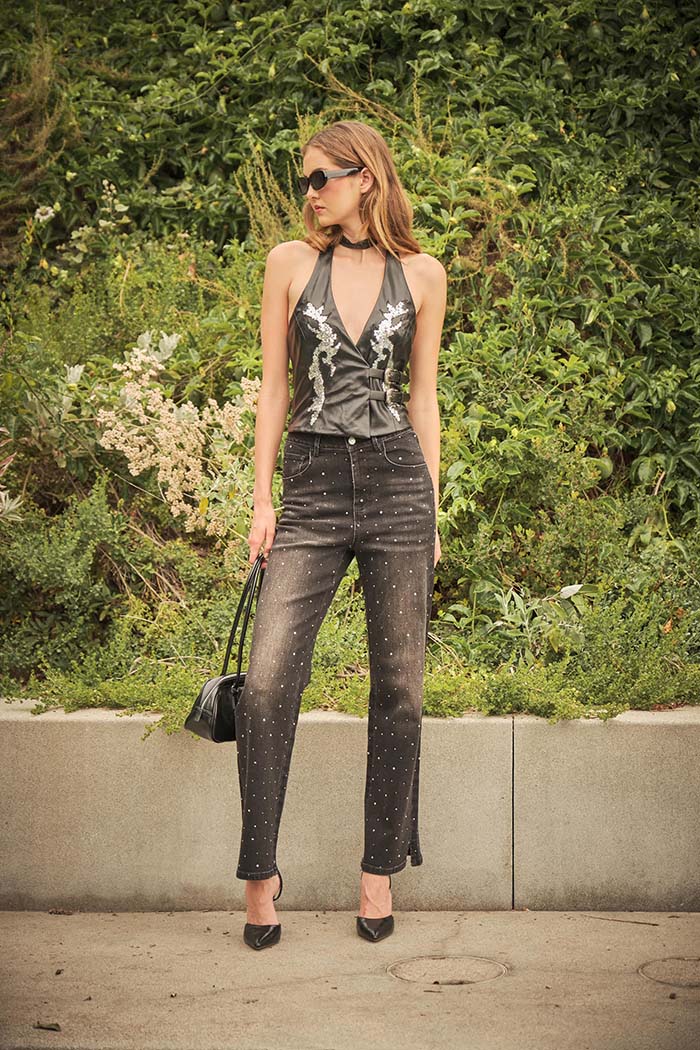 Rhinestone Side Slit Straight Jeans