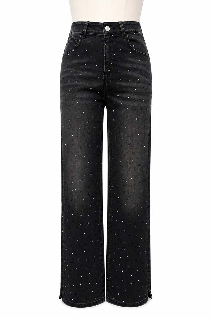 Rhinestone Side Slit Straight Jeans