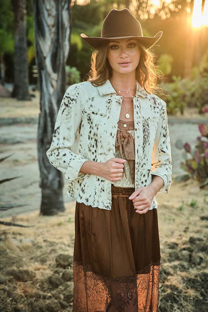Cow Print Scallop Edge Denim Jacket