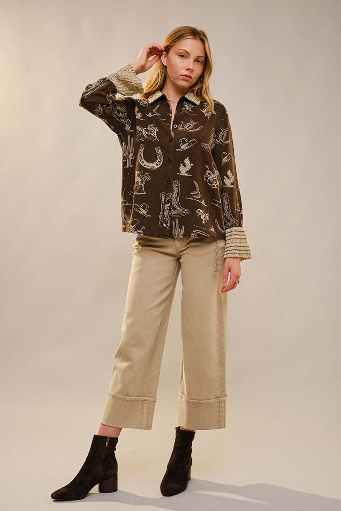 Western Printed Ruffle Cuff Shirt