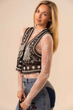 Beaded Embroidered Tie-Front Mesh Vest