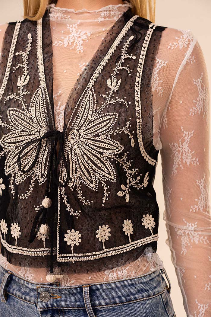 Beaded Embroidered Tie-Front Mesh Vest