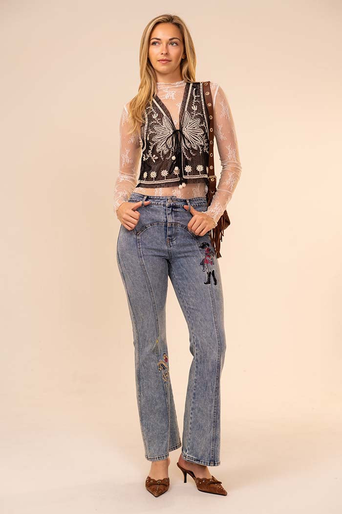 Beaded Embroidered Tie-Front Mesh Vest