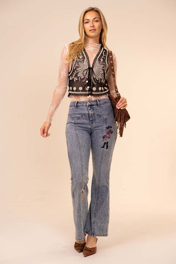 Beaded Embroidered Tie-Front Mesh Vest
