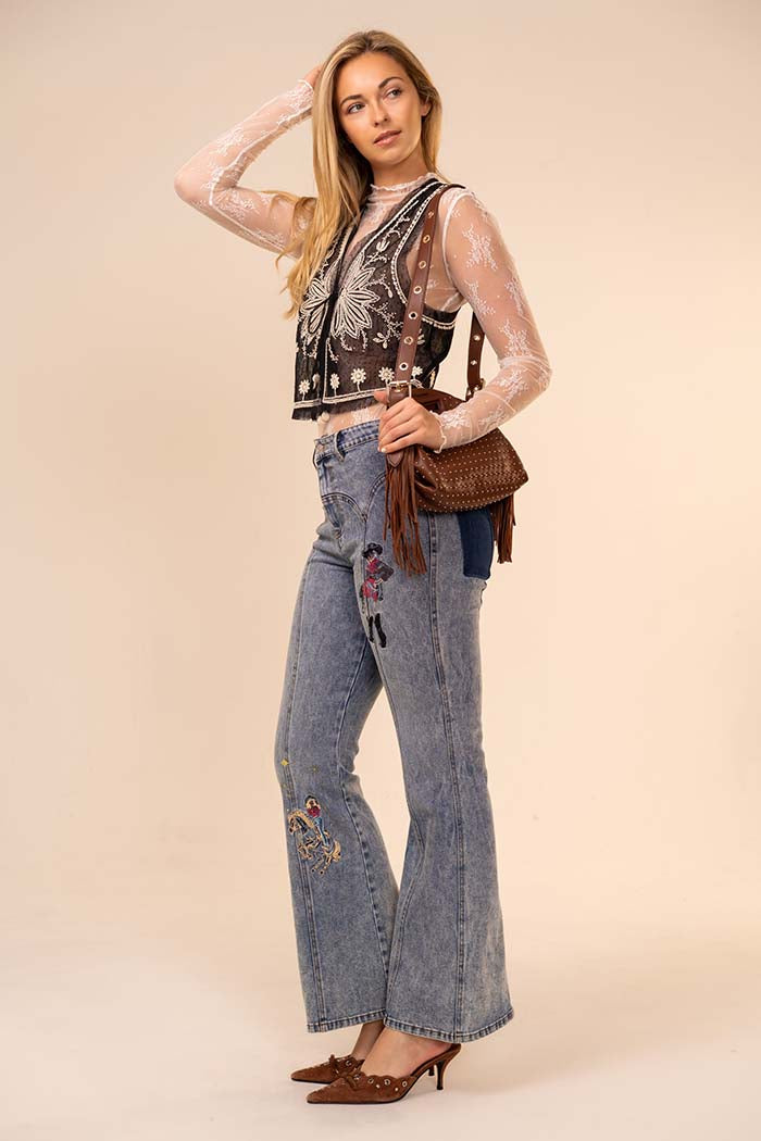 Beaded Embroidered Tie-Front Mesh Vest