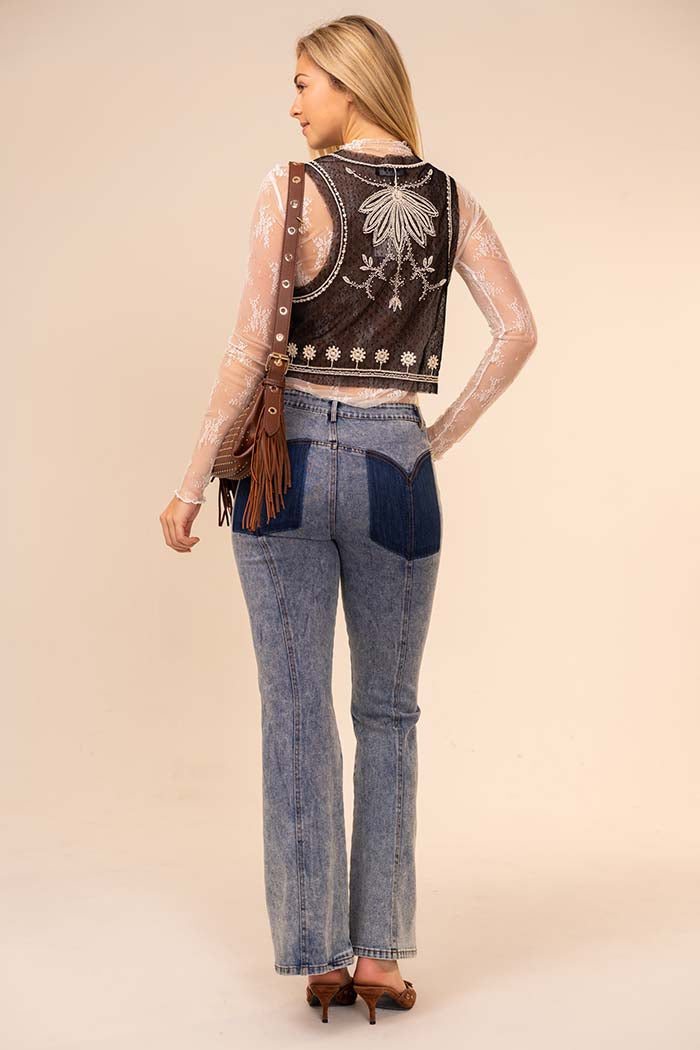Beaded Embroidered Tie-Front Mesh Vest