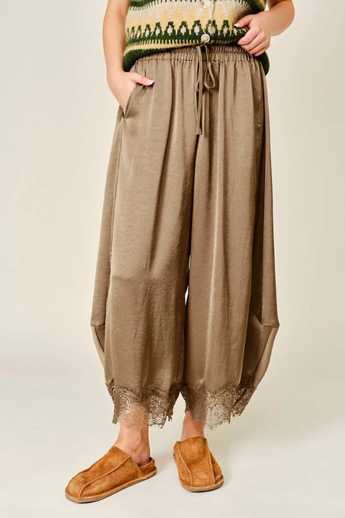 Lace Trim Satin Barrel Pants