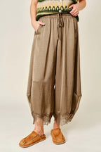 Lace Trim Satin Barrel Pants