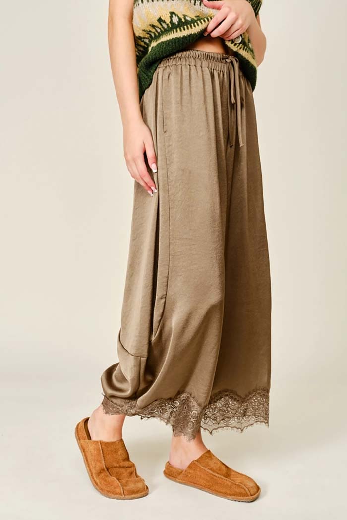 Lace Trim Satin Barrel Pants