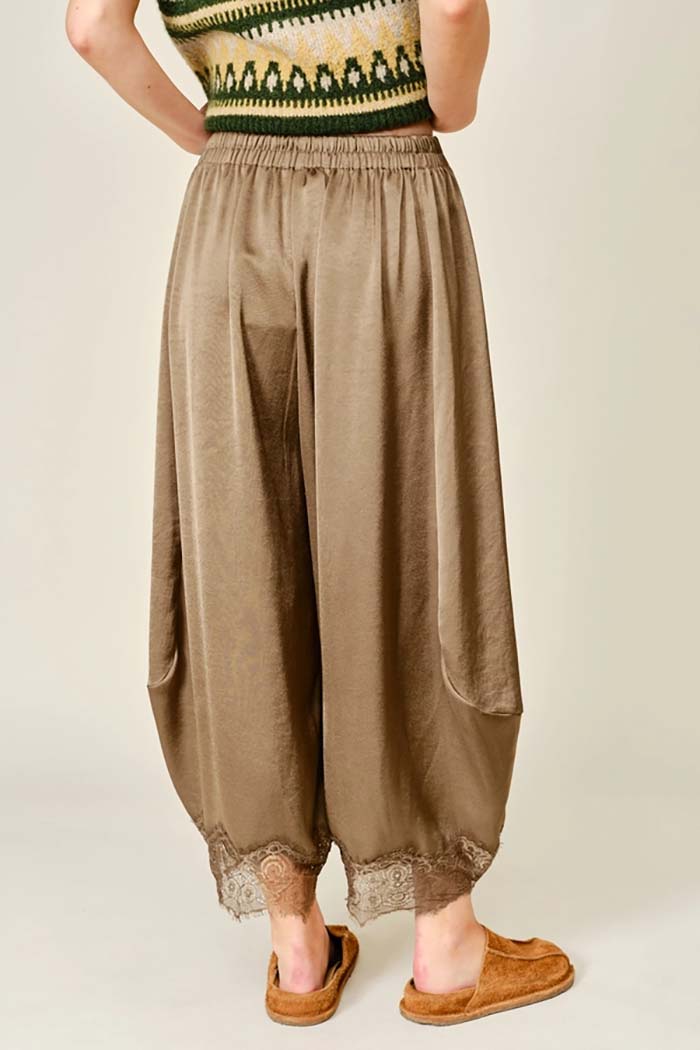 Lace Trim Satin Barrel Pants