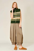 Lace Trim Satin Barrel Pants