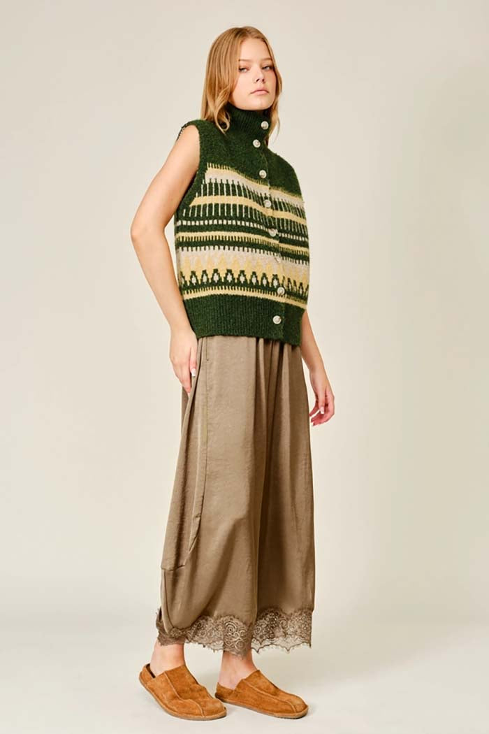 Lace Trim Satin Barrel Pants