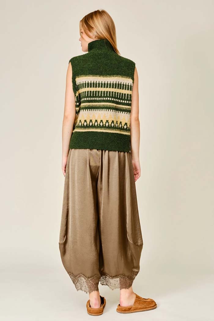 Lace Trim Satin Barrel Pants