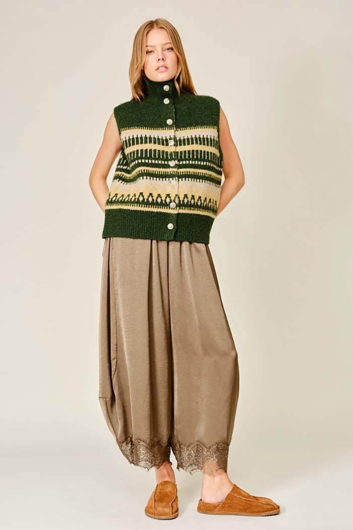 Lace Trim Satin Barrel Pants