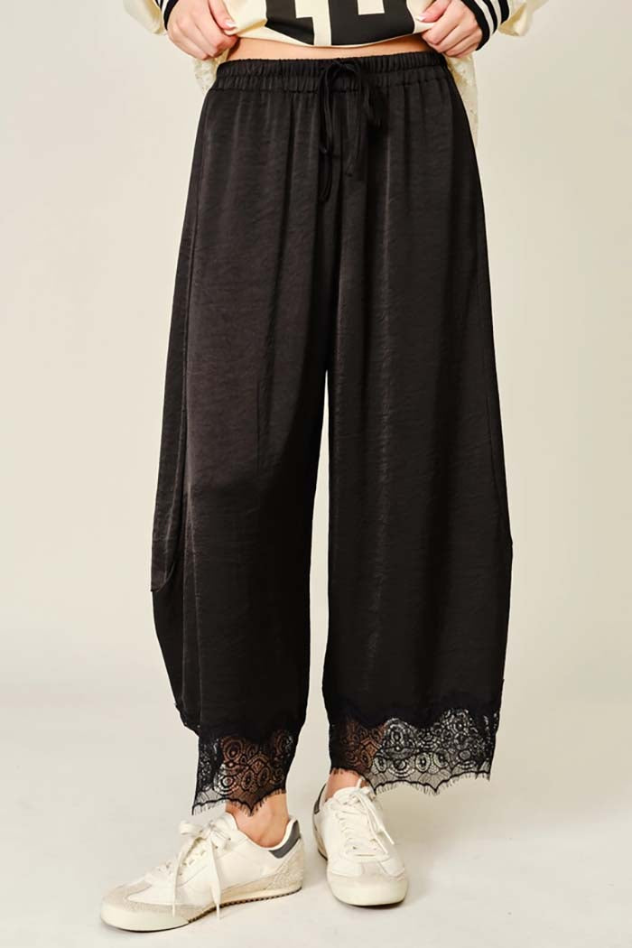 Lace Trim Satin Barrel Pants