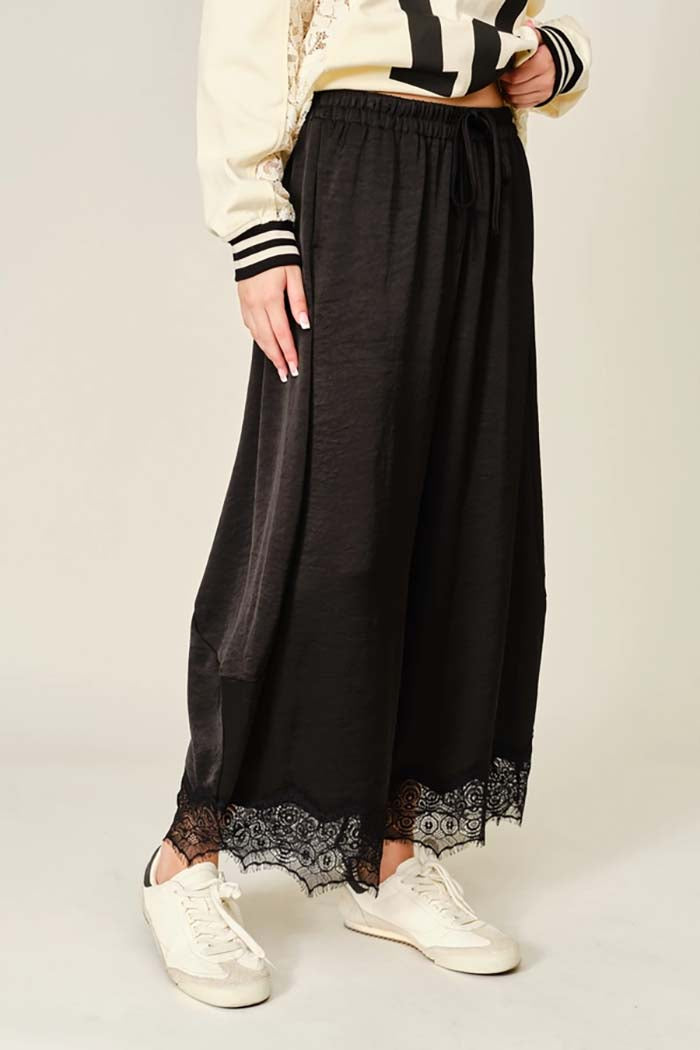 Lace Trim Satin Barrel Pants
