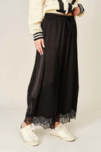 Lace Trim Satin Barrel Pants