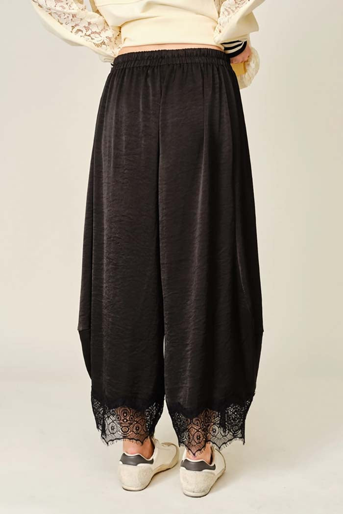 Lace Trim Satin Barrel Pants