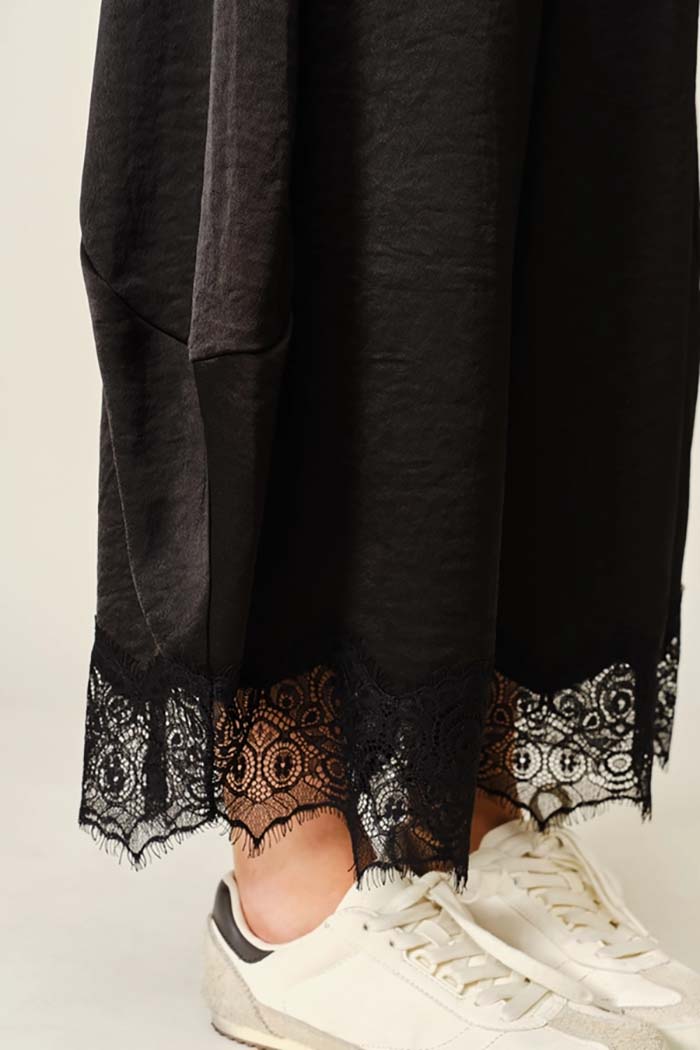 Lace Trim Satin Barrel Pants