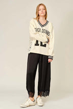 Lace Trim Satin Barrel Pants