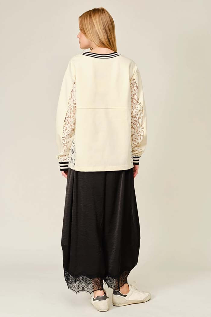 Lace Trim Satin Barrel Pants