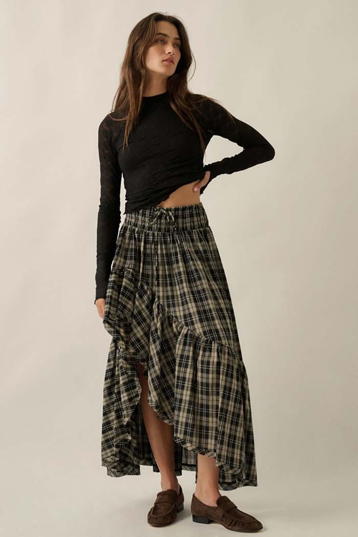 Plaid Ruffle High-Low Maxi Skirt