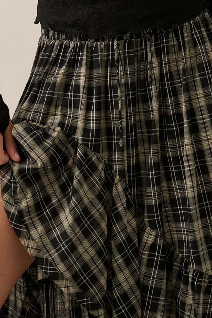 Plaid Ruffle High-Low Maxi Skirt