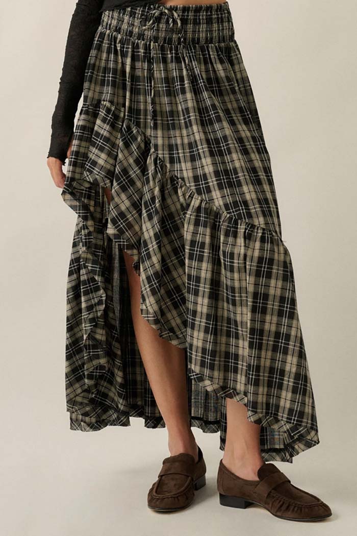 Plaid Ruffle High-Low Maxi Skirt