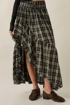 Plaid Ruffle High-Low Maxi Skirt
