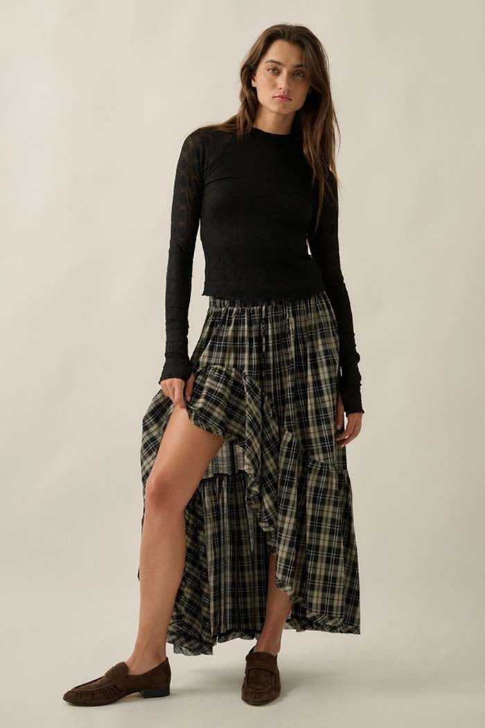 Plaid Ruffle High-Low Maxi Skirt