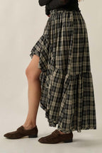 Plaid Ruffle High-Low Maxi Skirt