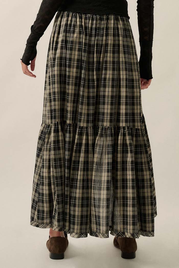 Plaid Ruffle High-Low Maxi Skirt