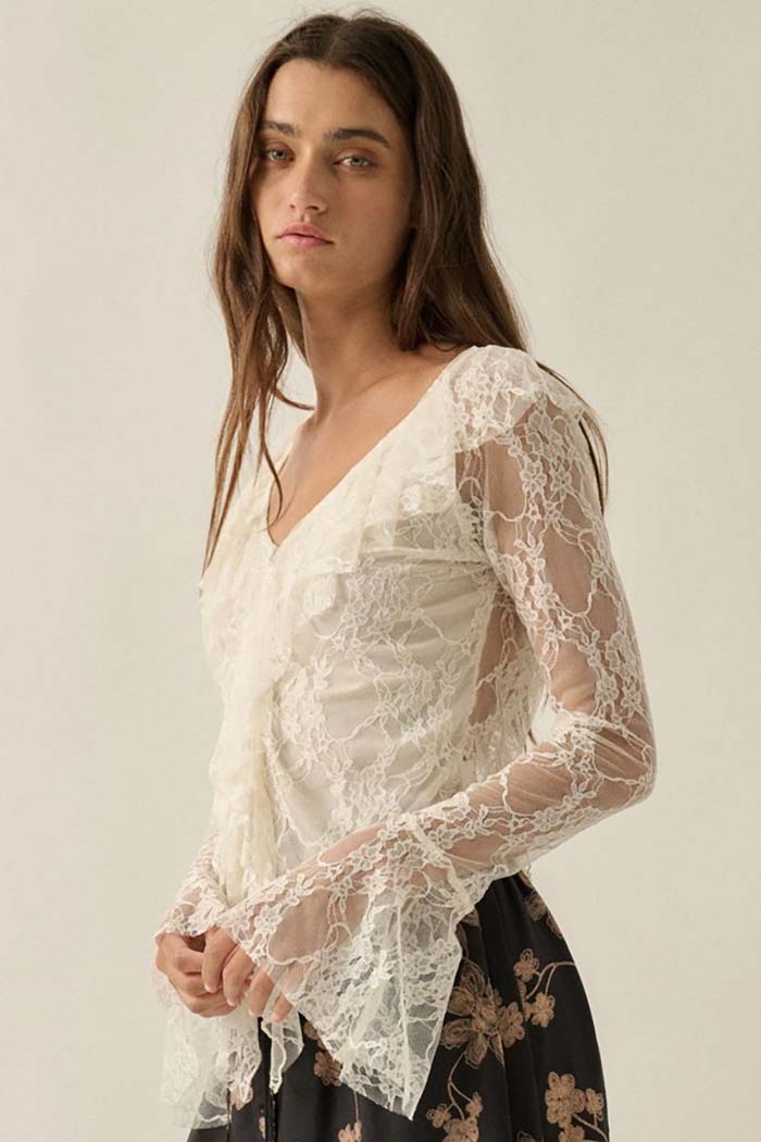 Romantic Floral Lace Ruffle Top