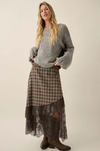 Plaid & Lace Asymmetrical Maxi Skirt