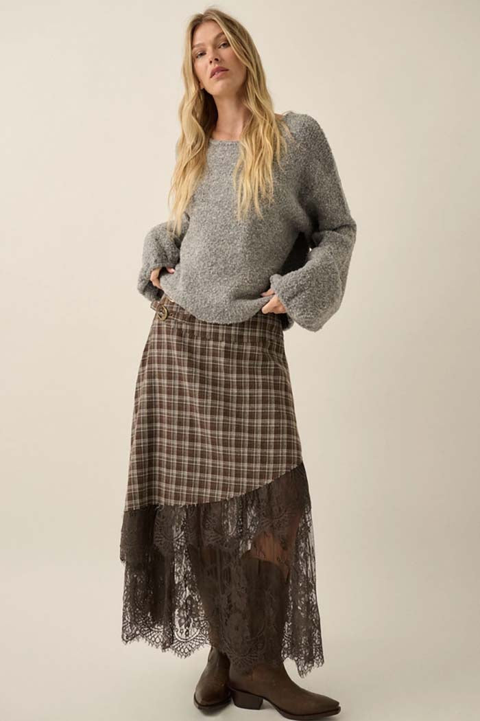 Plaid & Lace Asymmetrical Maxi Skirt