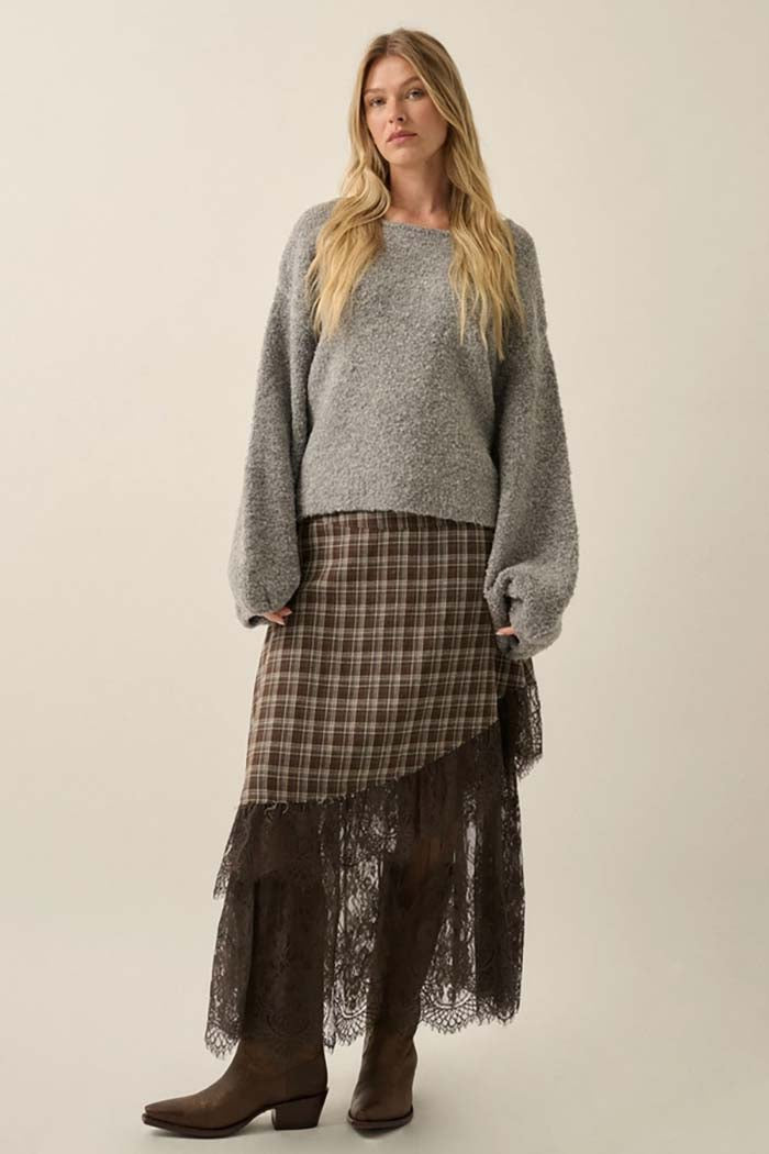 Plaid & Lace Asymmetrical Maxi Skirt