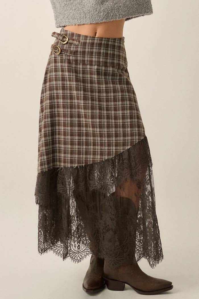 Plaid & Lace Asymmetrical Maxi Skirt