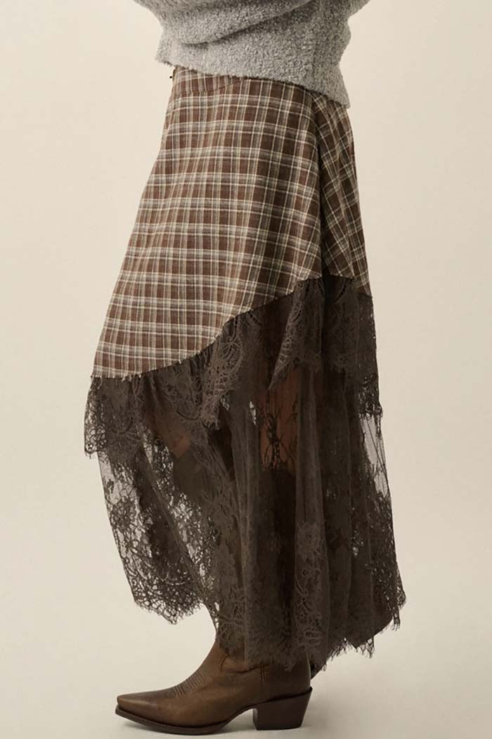 Plaid & Lace Asymmetrical Maxi Skirt