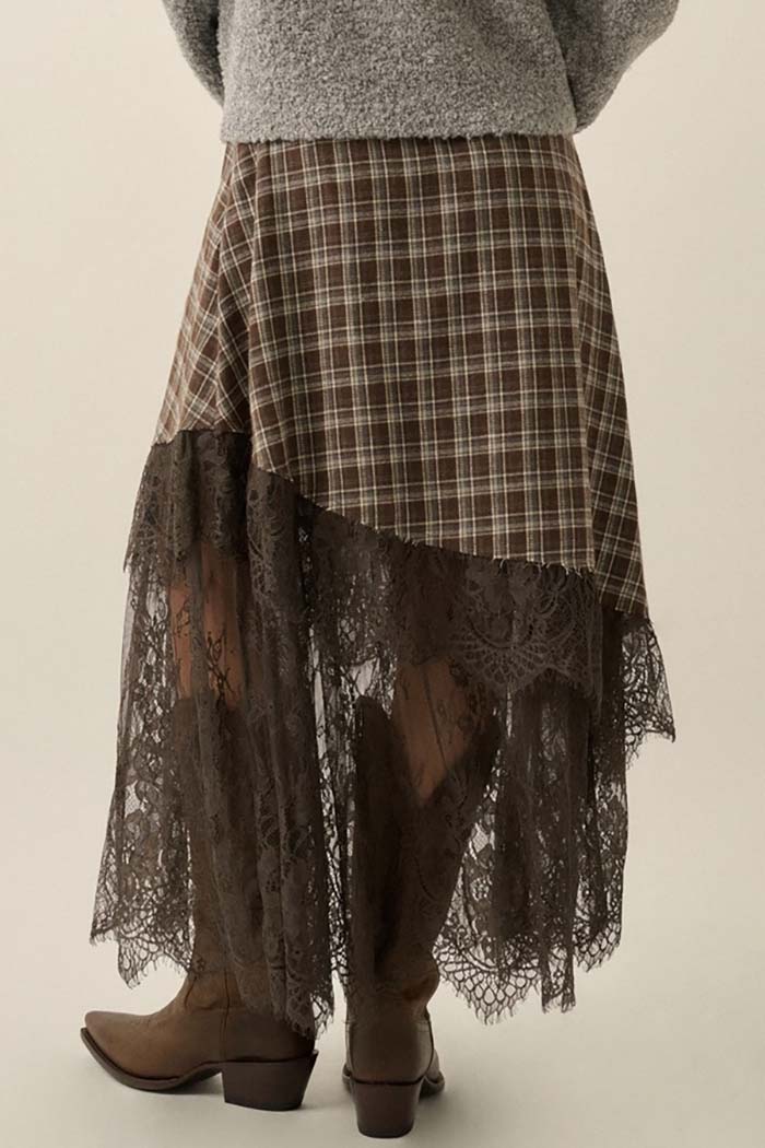 Plaid & Lace Asymmetrical Maxi Skirt