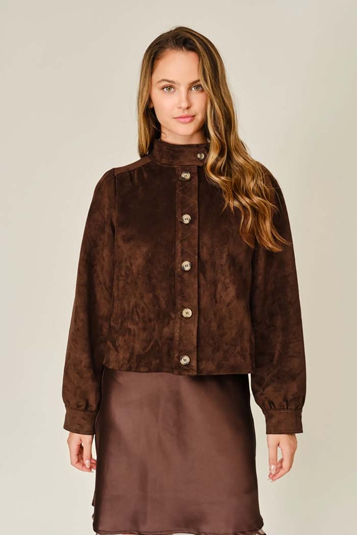 Stretch Suede Mock Neck Shirt Jacket