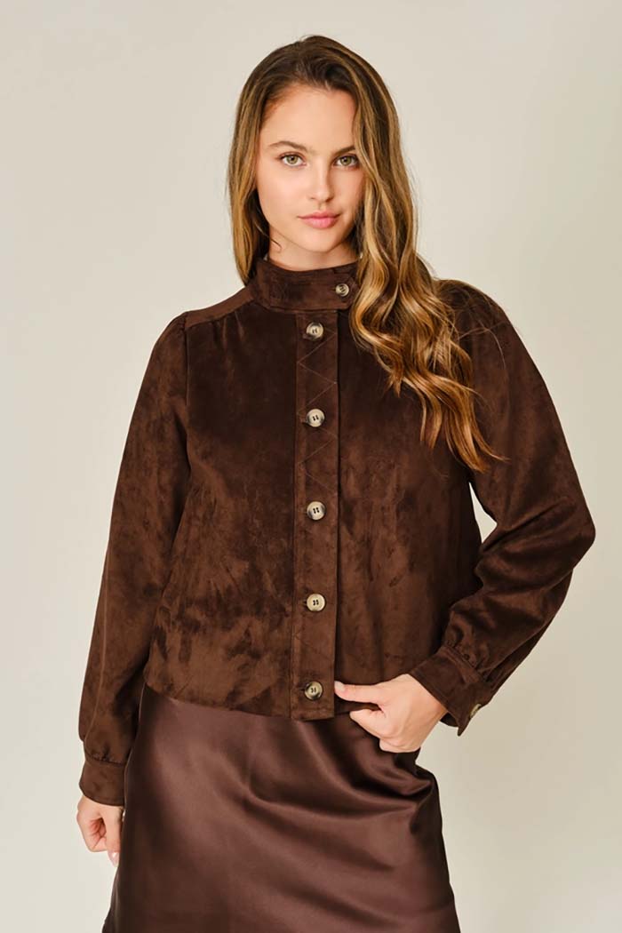 Stretch Suede Mock Neck Shirt Jacket