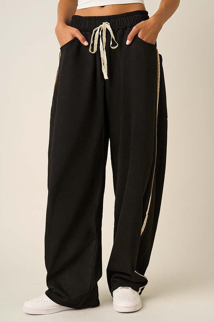 Lace Trim Barrel Leg Drawstring Pants