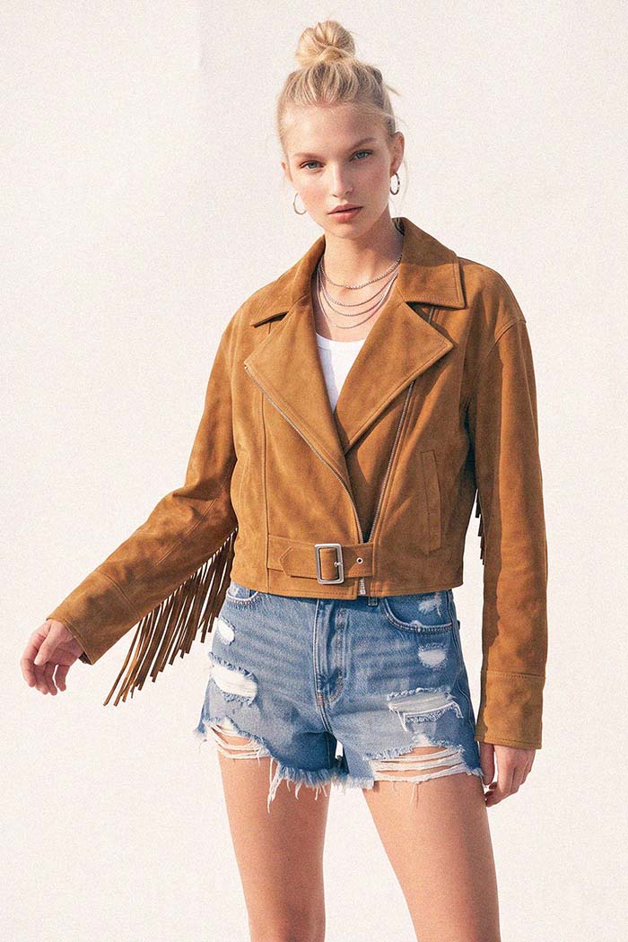 Western Fringe Faux Suede Moto Jacket