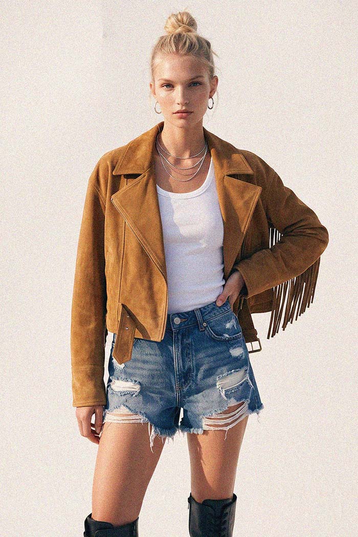 Western Fringe Faux Suede Moto Jacket