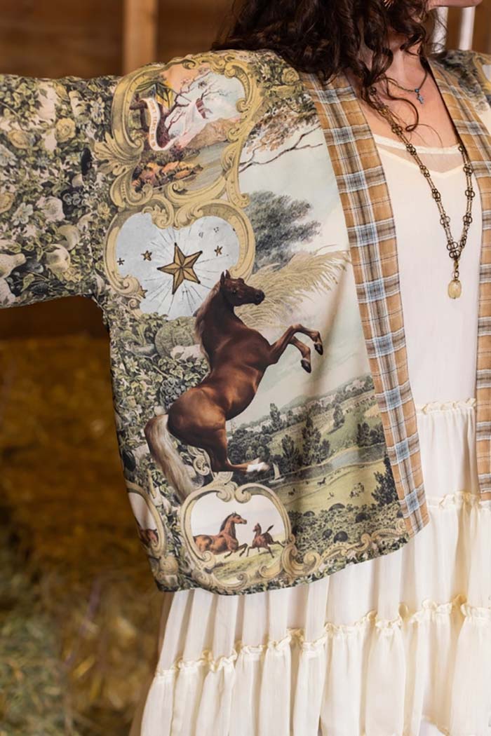 Vintage Horse Print Cropped Kimono