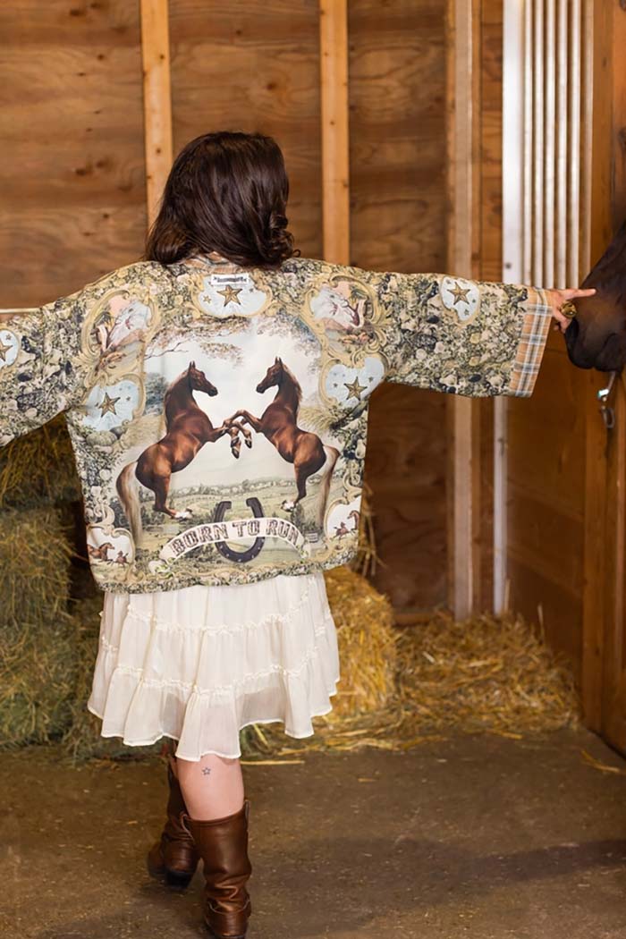 Vintage Horse Print Cropped Kimono