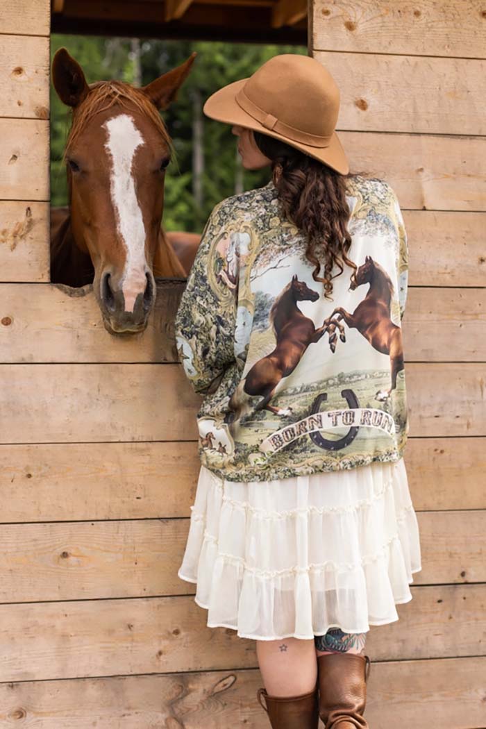 Vintage Horse Print Cropped Kimono